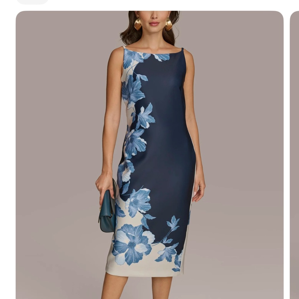 Donna Karan Navy and Cream Floral Midi Dress